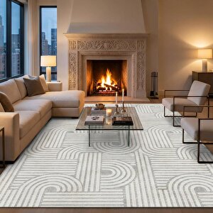 Açık Gri Modern Geometrik Desenli Dijital Baskılı Kaymaz Tabanlı Yıkanabilir Antibakteriyel Halı 120x400 cm