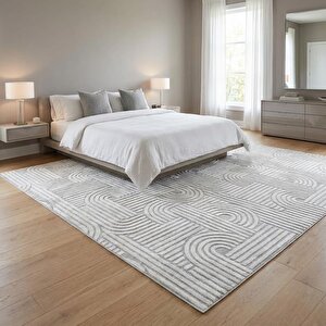 Açık Gri Modern Geometrik Desenli Dijital Baskılı Kaymaz Tabanlı Yıkanabilir Antibakteriyel Halı 120x400 cm