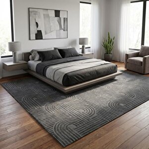 Koyu Gri Modern Geometrik Desenli Dijital Baskılı Kaymaz Tabanlı Yıkanabilir Antibakteriyel Halı 40x60 cm