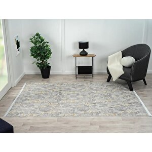 Best 112 Gri Halı Spor Desen Gold Detaylı Ince Parlak Makinada Yıkanabilir Antialerjik Modern 100x300 cm