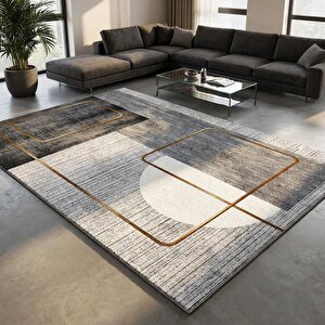 Gri Altın Çizgili Geometrik Desenli Dijital Baskılı Kaymaz Tabanlı Yıkanabilir Modern Halı 200x350 cm