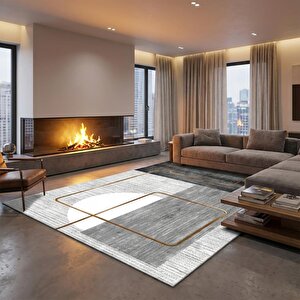 Gri Altın Çizgili Geometrik Desenli Dijital Baskılı Kaymaz Tabanlı Yıkanabilir Modern Halı 200x350 cm