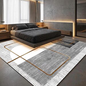 Gri Altın Çizgili Geometrik Desenli Dijital Baskılı Kaymaz Tabanlı Yıkanabilir Modern Halı 200x350 cm
