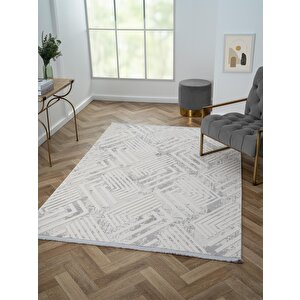 Kaftan Kf006g Bej Halı Gri Detaylı Geometrik Kabartma Desenli Akrilik Halı Tozuaz Salon Halısı 160x230 cm