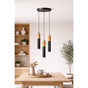 3’lü Silindir Ahşap Metal Karışım Sarkıt Avize 5x30
