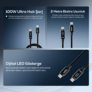 Type-c To Type-c Hızlı Şarj Kablosu | 100w Pd, 2m, 480mbps, Led Gösterge, Örgü (x6429), Standart 1072 Siyah