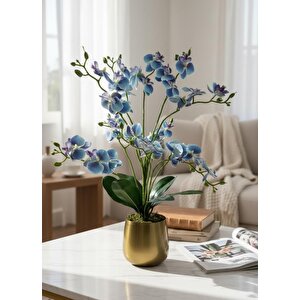 Yapay Çiçek Mavi 9 Dallı Islak Orkide Gold Altın Metal Saksıda Saksıda Orkide 60cm