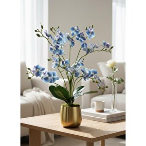 Yapay Çiçek Mavi 9 Dallı Islak Orkide Gold Altın Metal Saksıda Saksıda Orkide 60cm