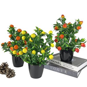 Yapay Çiçek 3 Adet Nar Limon Ve Mandalina Ağacı Siyah Saksıda 30cm