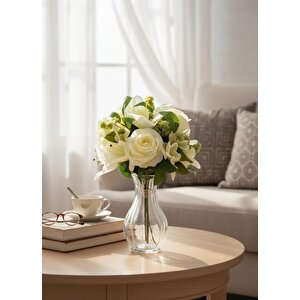 Yapay Çiçek Beyaz Aranjman Demeti 6dallı Buket Gül Lilyum Ve Aradal Çiçekleri 40*25cm