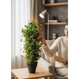 Yapay Çiçek Siyah Saksıda Turuncu Lotuslu Yeşil Şimşir Ağacı 70*30cm