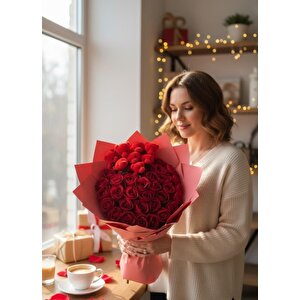Sevgililer Günü Hediye Yapay Çiçek Kadife Kırmızı Gül Buketi Kırmızı Peluş Ayıcıklı Sevgiliye Hediye