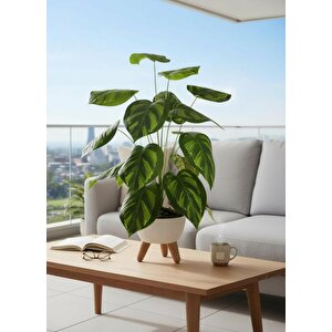 Yapay Çiçek Salon Bitkisi Difenbahya 70cm 18 Yaprak Beyaz Zigon Saksıda