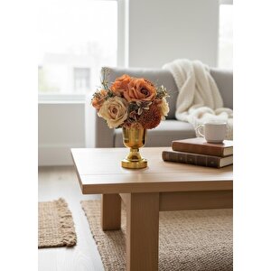 Yapay Çiçek Aranjmanı Somon Gül Ve Krizantem Gold Renk Cup Metal Vazolu Arajman Çiçeği