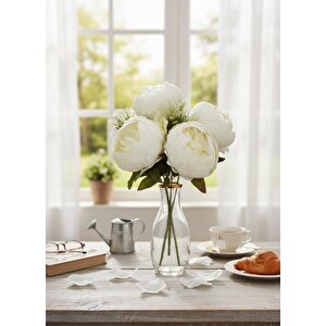 Yapay Çiçek Beyaz Şakayık Demeti 7dallı Buket 5 Şakayık 2 Aradal Çiçekleri 40*25cm