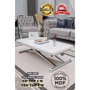 Akıllı Sehpa Home Üst Tabla Mdf Beyaz Oval Köşe Alt Ayak Krom Kaplama 60x120 cm