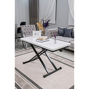 Akıllı Sehpa Home Üst Tabla Mdf Beyaz Oval Köşe Alt Mekanizma Siyah Renk 60x120 cm
