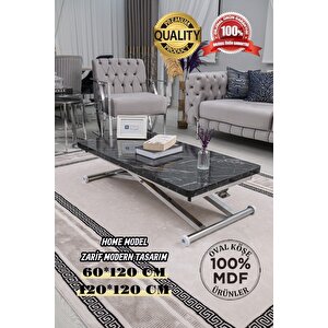 Akıllı Sehpa Home Üst Tabla Mdf Siyah Mermer Desen Alt Mekanizma Krom Kaplama
