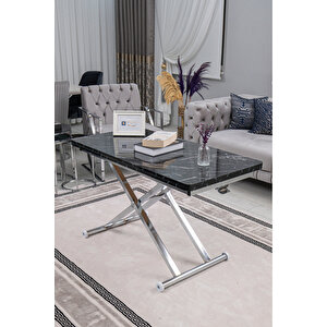 Akıllı Sehpa Home Üst Tabla Mdf Siyah Mermer Desen Alt Mekanizma Krom Kaplama