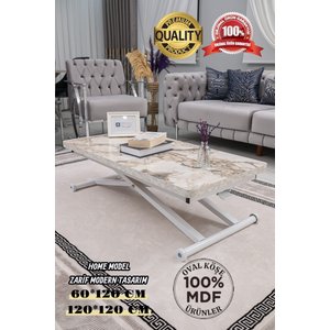 Akıllı Sehpa Home Üst Tabla Mdf  Beyaz Mermer Desen Oval Köşe Alt Ayak Beyaz Renk 60x120 cm