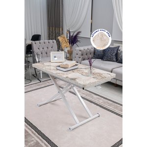 Akıllı Sehpa Home Üst Tabla Mdf  Beyaz Mermer Desen Oval Köşe Alt Ayak Beyaz Renk 60x120 cm