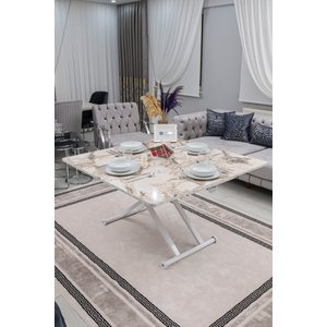 Akıllı Sehpa Home Üst Tabla Mdf  Beyaz Mermer Desen Oval Köşe Alt Ayak Beyaz Renk 60x120 cm