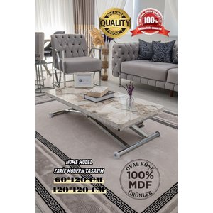 Akıllı Sehpa Home Üst Tabla Mdf Beyaz Mermer Desen Alt Mekanizma Krom Kaplama 60x120 cm