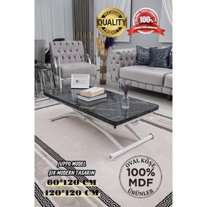 Akıllı Sehpa Juppo Üst Tabla Mdf Siyah Mermer Oval Köşe Alt Ayak Beyaz Dışa Kıvrım 60x120 cm