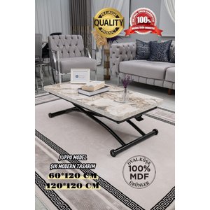 Akıllı Sehpa Juppo Üst Tabla Mdf Beyaz Mermer Oval Köşe Alt Ayak Siyah Dışa Kıvrım 60x120 cm