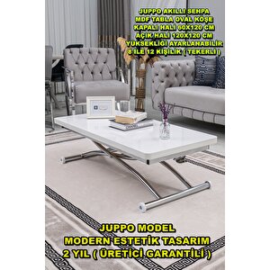 Akıllı Sehpa Juppo Üst Tabla Mdf Beyaz Oval Köşe Alt Krom Kaplama Dışa Kıvrım 60x120 cm
