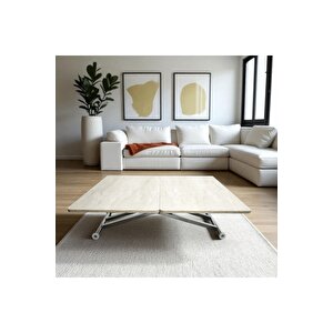 Akıllı Sehpa Home Üst Tabla Mdf Traverten Oval Güvenli Köşe Alt Mekanizma Demir 60x120 cm