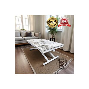Yan Baştan Açılır Akıllı Yemek Masası Oval Mdf Tabla BEYAZ MERMER Alt Mekanizma BEYAZ