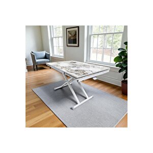 Yan Baştan Açılır Akıllı Yemek Masası Oval Mdf Tabla BEYAZ MERMER Alt Mekanizma BEYAZ
