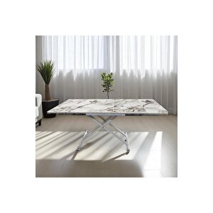 Yan Baştan Açılır Akıllı Yemek Masası Oval Mdf Tabla BEYAZ MERMER Alt Mekanizma BEYAZ