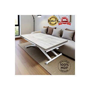 Yan Baştan Açılır Akıllı Yemek Masası Oval Mdf Tabla LİZBON Alt Mekanizma BEYAZ