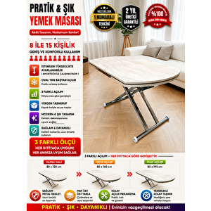 Yan Baştan Açılır Yarı Oval Akıllı Yemek Masası Mdf Tabla TRAVERTEN Alt Mekanizma BEYAZ