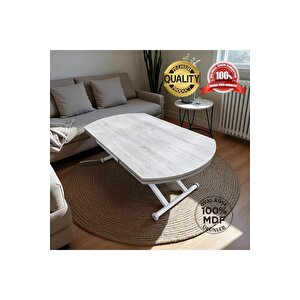 Yan Baştan Açılır Yarı Oval Akıllı Yemek Masası Mdf Tabla LİZBON Alt Mekanizma BEYAZ