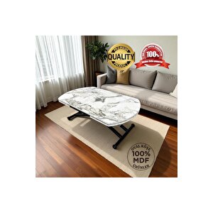 Yan Baştan Açılır Yarı Oval Akıllı Yemek Masası Mdf Tabla BEYAZ MERMER Alt Mekanizma SİYAH