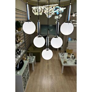 Minimal  Globe Linear Black & Silver 5'li Beyaz Cam Avize Gri-Füme