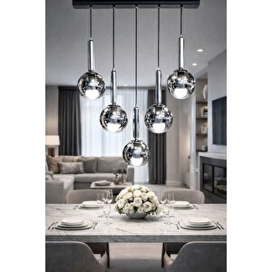Minimal Globe Linear Black & Silver 5'li Füme Cam Avize Füme