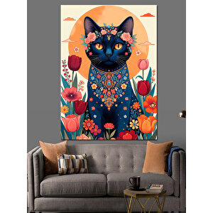 Çiçek Desenli Mistik Kedi Dekoratif Kanvas - Mdf Ahşap Tablo 100x140 cm