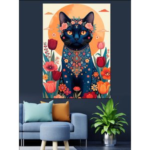 Çiçek Desenli Mistik Kedi Dekoratif Kanvas - Mdf Ahşap Tablo 100x140 cm