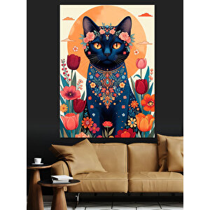 Çiçek Desenli Mistik Kedi Dekoratif Kanvas - Mdf Ahşap Tablo 50x70 cm