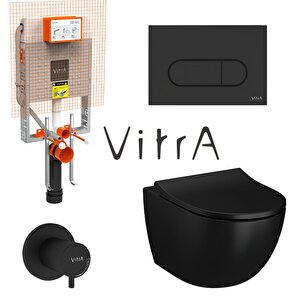 Vitra S60 Smootflush Mat Siyah Asma Klozet 7510b083-0090, Vitra Mat Siyah Gömme Rezervuar Set 768-1851