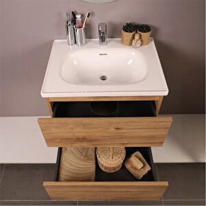 Kobos Simple 60 Cm Çekmeceli Banyo Dolabı Seti Light Walnut