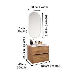 Kobos Simple 60 Cm Çekmeceli Banyo Dolabı Seti Light Walnut