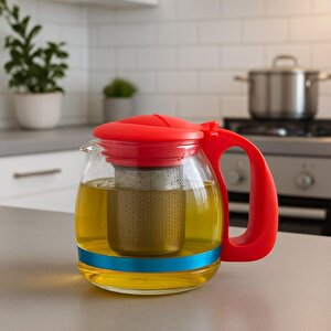 ̇ 700 Ml Süzgeçli Cam Çaydanlık Üstü Demlik Kırmızı