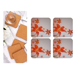 Ahşap Bardak Altlığı 4 Adet Çiçek Desen 9x9cm