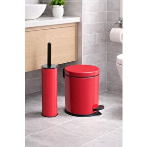 Vinoks Eko Serisi Ayak Basmalı Özellikli 2'li Banyo Seti 3 Litre Çöp Kovası Ve Kolozet Fırçası Paslanmaz Kırmızı