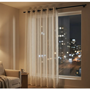 Ekru Renk Rustik Keten Tül Perde - Siyah Halkalı Grommet Dikim - Kişiselleştirilebilir Özel Ölçü 150x270 cm